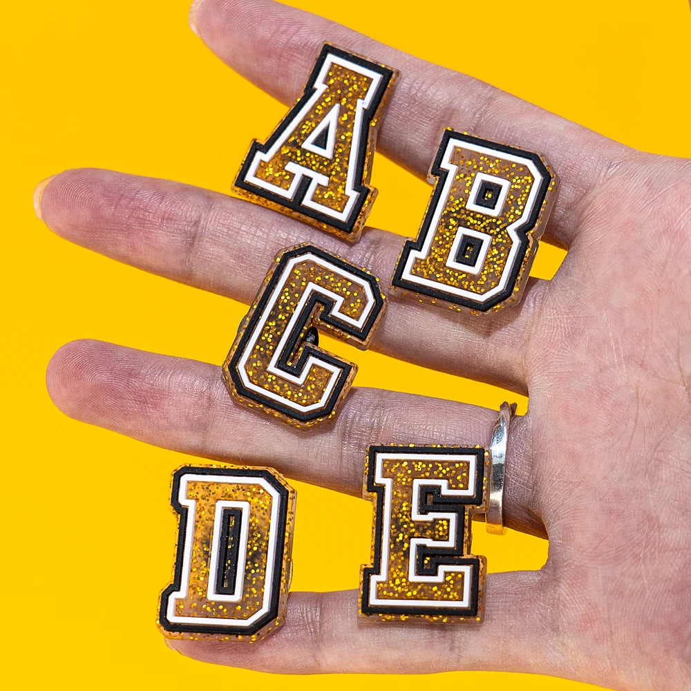 Gold Glitter Alphabet Shoe Charms (26pc A–Z) — Letters for Clogs &amp; Bags