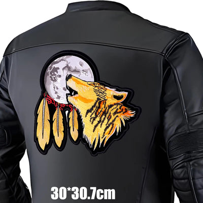 Black jacket with a wolf and moon design on the back, size 30x30.7cm.