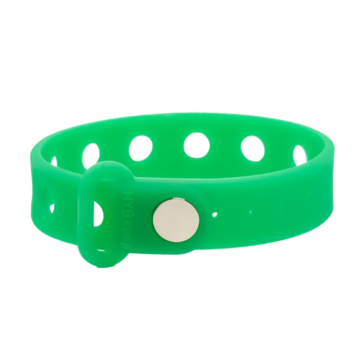Green wrist band with a silver buckle on a white background