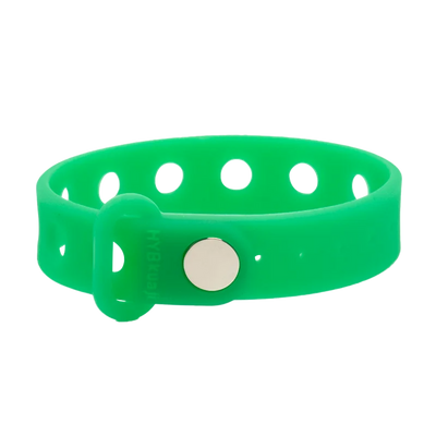 Green wrist band with a silver buckle on a white background