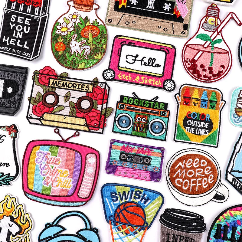 Collection of colorful patches with various designs on a white background