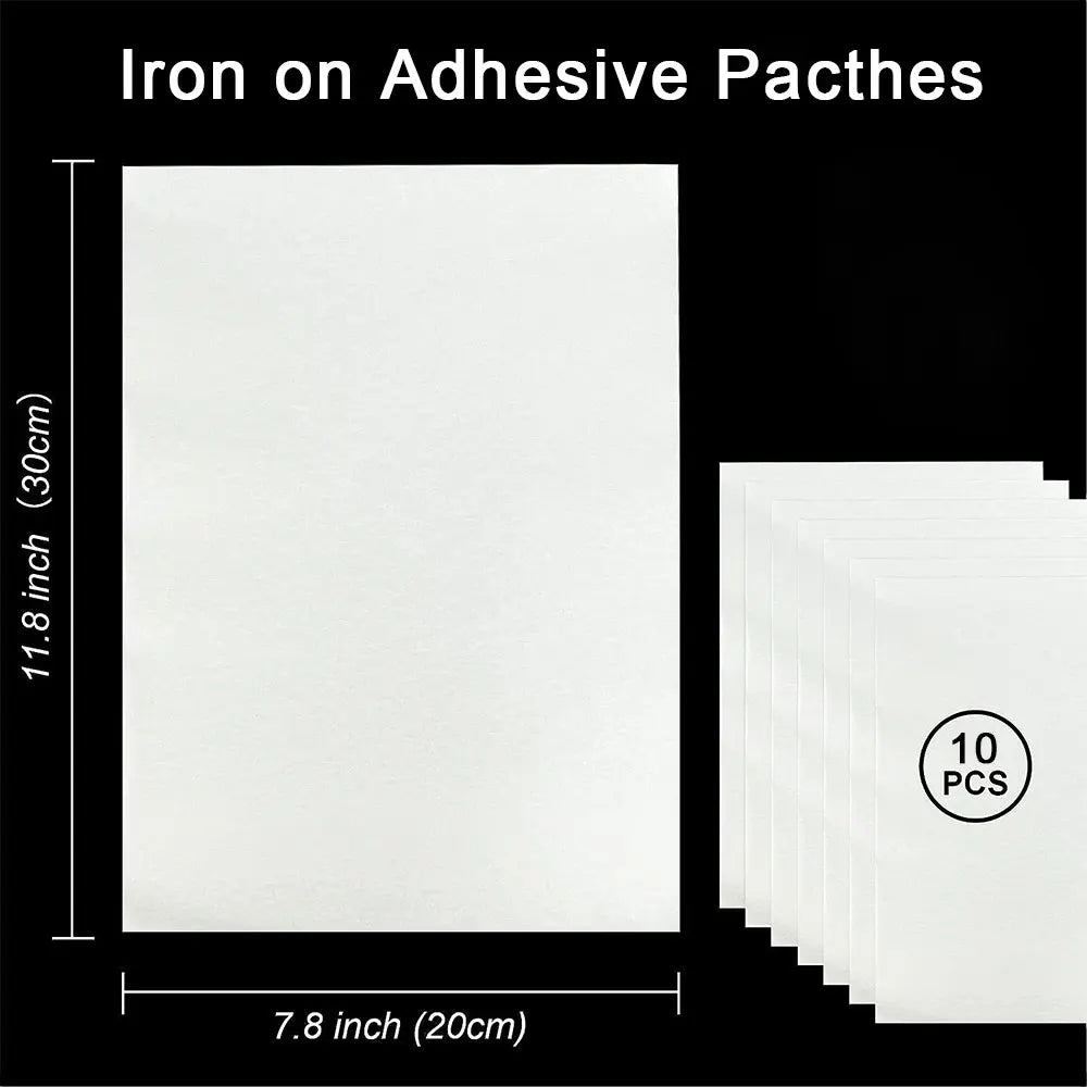 Iron on adhesive patches with dimensions and quantity label on a black background
