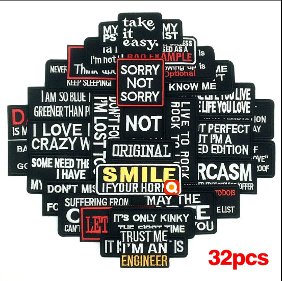 🧷32pcs Slogan Patches – Iron-On Embroidered Quote Labels for Jackets, Bags & DIY Fashion