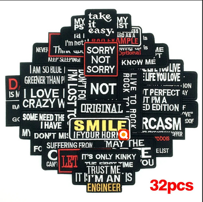 🧷32pcs Slogan Patches – Iron-On Embroidered Quote Labels for Jackets, Bags & DIY Fashion