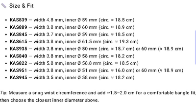 Text detailing bangle size and fit specifications with measurements in millimeters and centimeters.