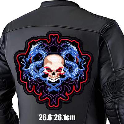 Black leather jacket with a skull and dragon design on the back, size indicated.