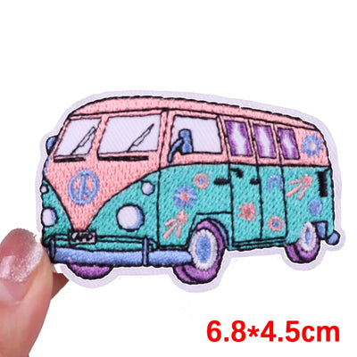 Colorful hippie van patch held by a hand with measurement text '6.8*4.5cm'.