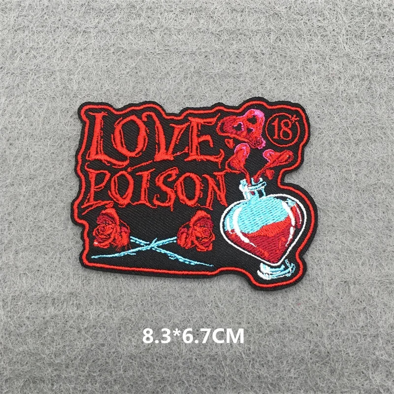 Patch with 'Love Poison' design on a gray background