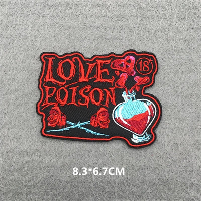 Patch with 'Love Poison' design on a gray background