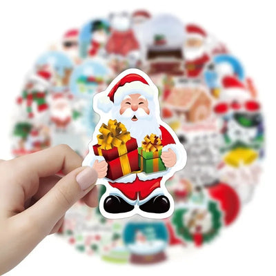 Sticker of Santa Claus holding gifts with a blurred Christmas-themed background