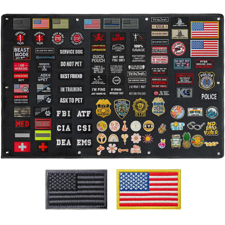 Collection of various patches on a black patch display board  with additional patches displayed below.
on a white background
