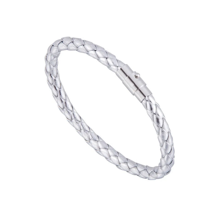 Silver braided bracelet on a white background