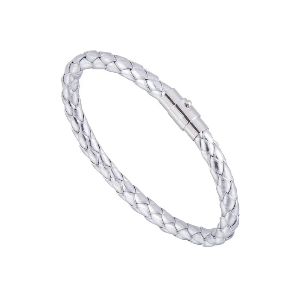 Silver braided bracelet on a white background