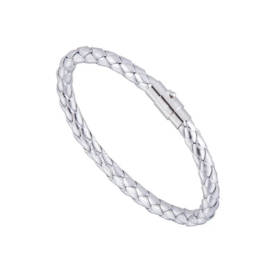 Silver braided bracelet on a white background