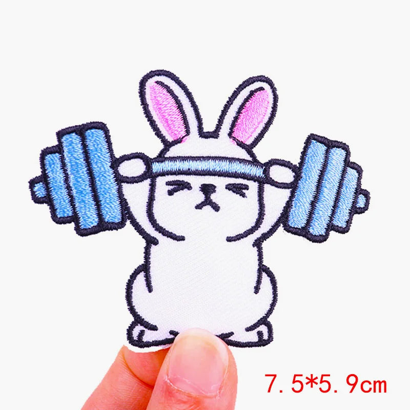 Cartoon rabbit lifting weights with a blue barbell on a white background