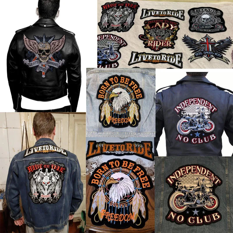 Collection of leather and denim jackets with various graphics and text on a white background.