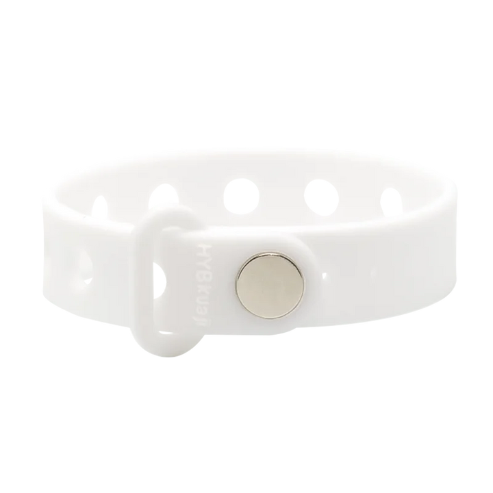 White silicone bracelet with a silver button clasp on a white background