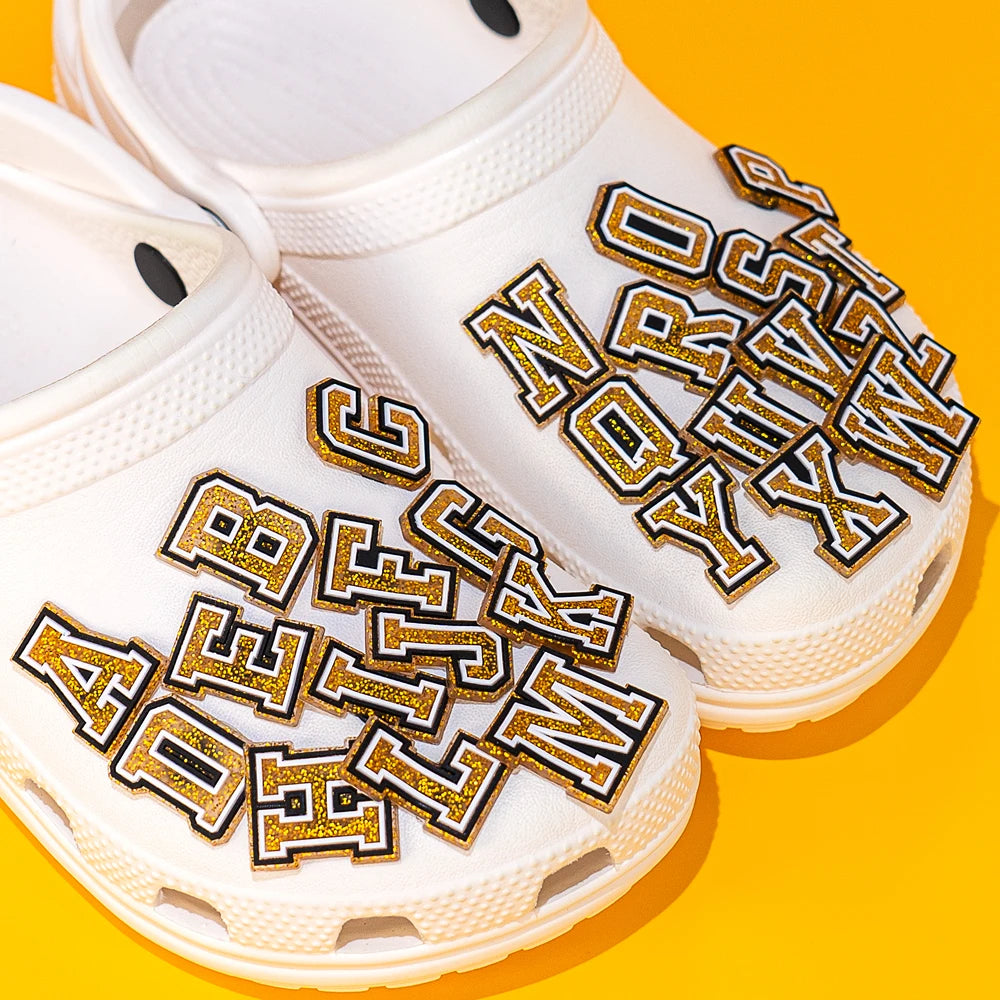 🔠Gold Glitter Alphabet Shoe Charms – 26PCS A–Z PVC Letters for Clogs, Bags & Wristbands