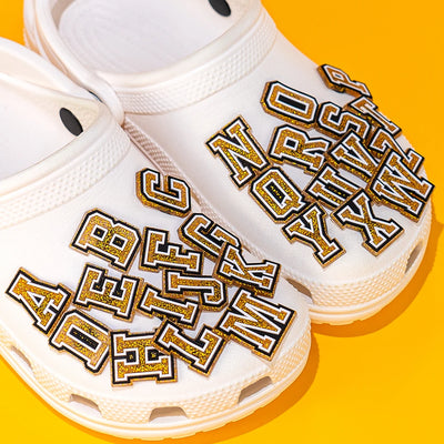 🔠Gold Glitter Alphabet Shoe Charms – 26PCS A–Z PVC Letters for Clogs, Bags & Wristbands