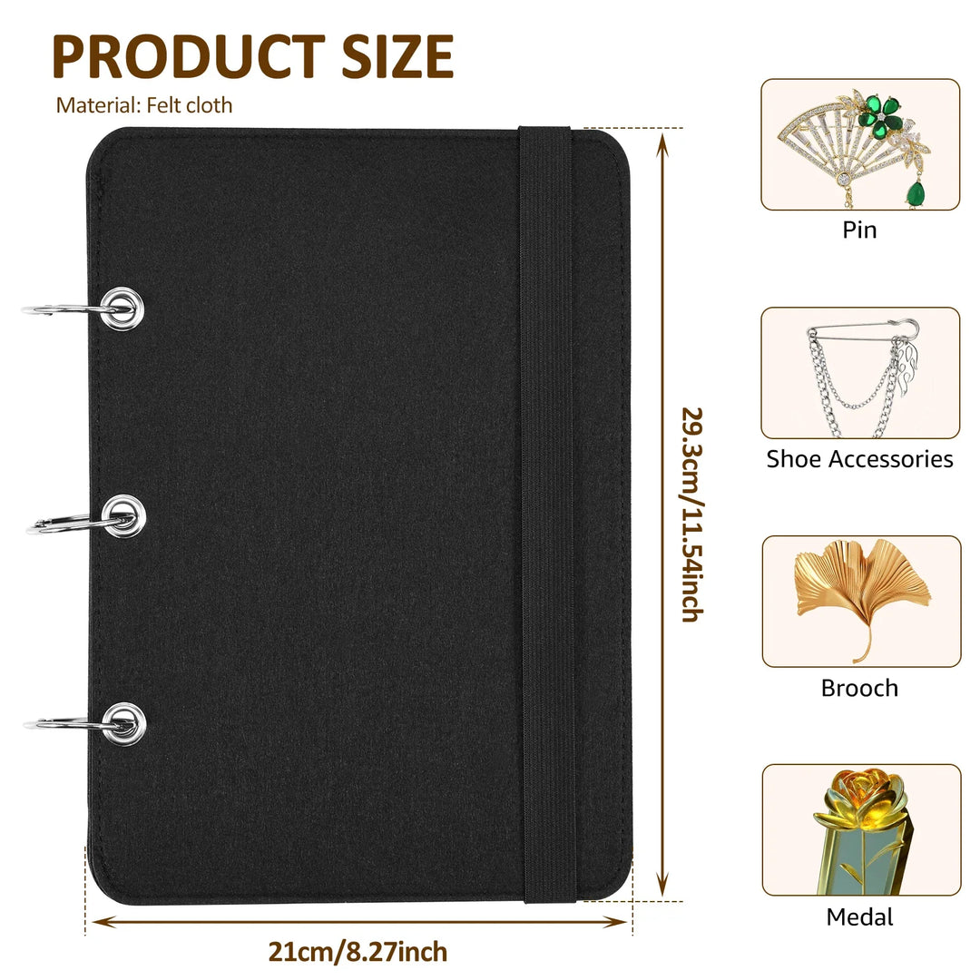 Black jewelry display folder with measurements and examples of items it can hold