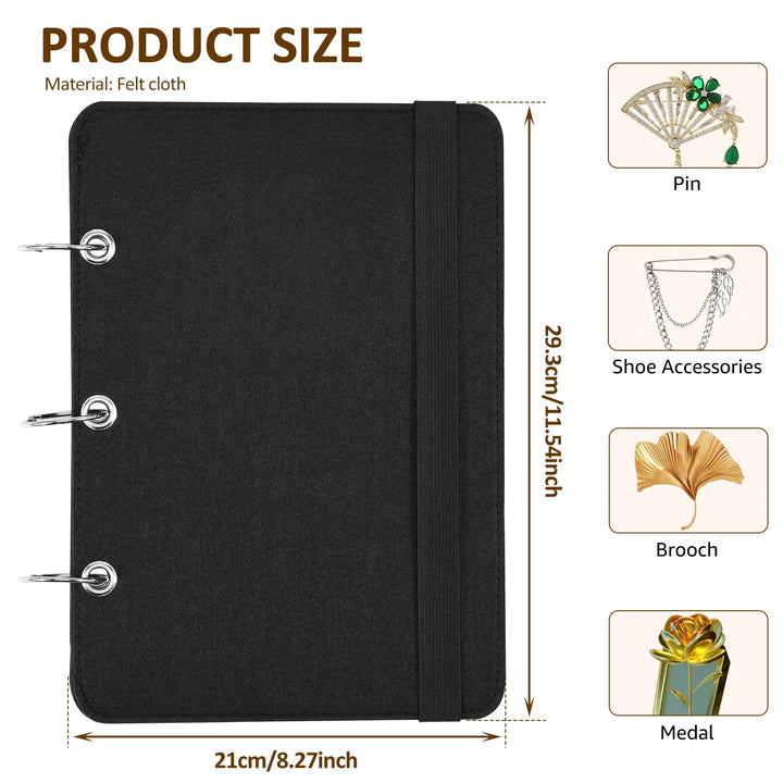 Black jewelry display folder with measurements and examples of items it can hold