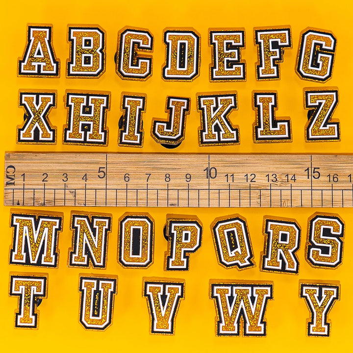 Gold Glitter Alphabet Shoe Charms (26pc A–Z) — Letters for Clogs &amp; Bags