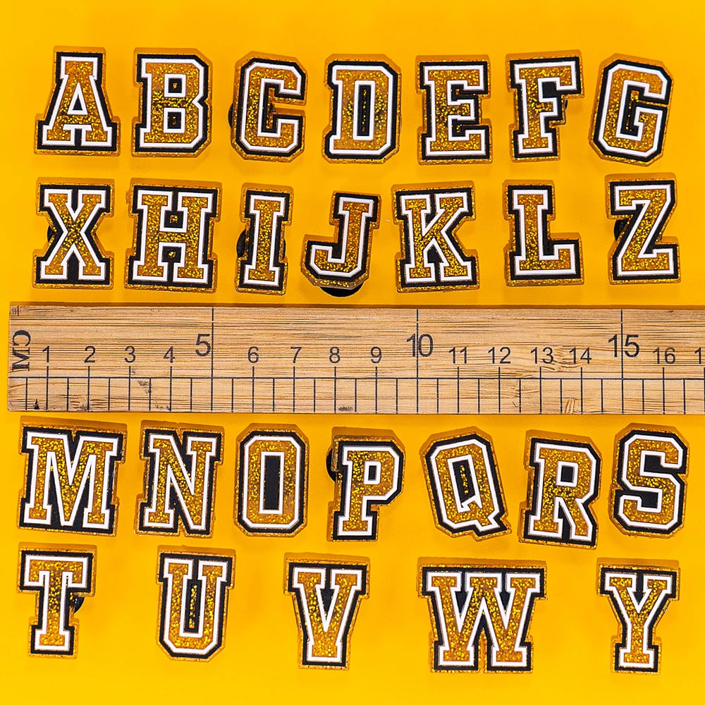 🔠Gold Glitter Alphabet Shoe Charms – 26PCS A–Z PVC Letters for Clogs, Bags & Wristbands