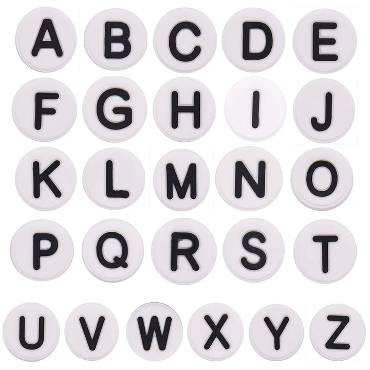 shoe charms Alphabet letters from A to Z on white round tiles with black text