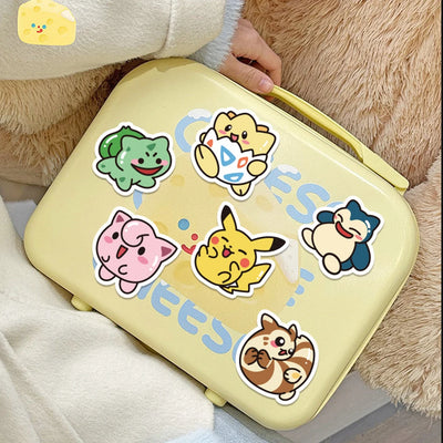 Yellow case with cartoon character stickers on a soft surface