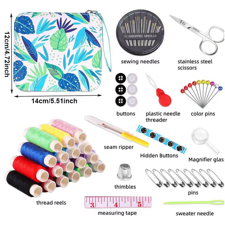blue floral sewing kit with dimensions and contents on a white 