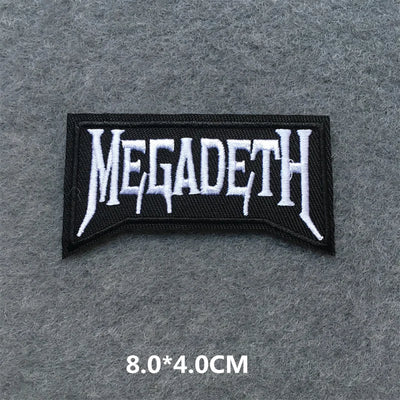 Megadeth logo patch on a gray background with dimensions indicated.