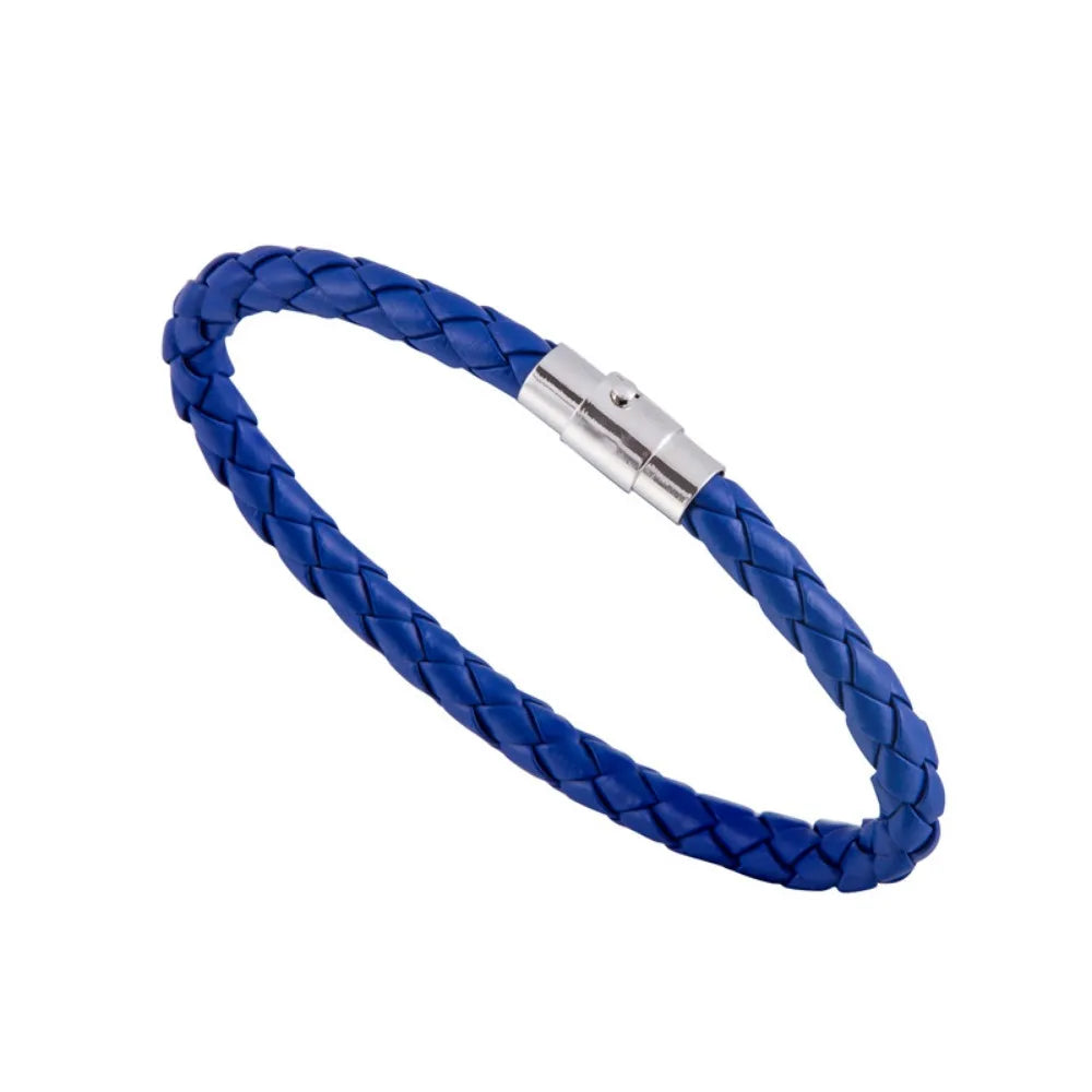 Blue braided leather bracelet with a silver clasp on a white background
