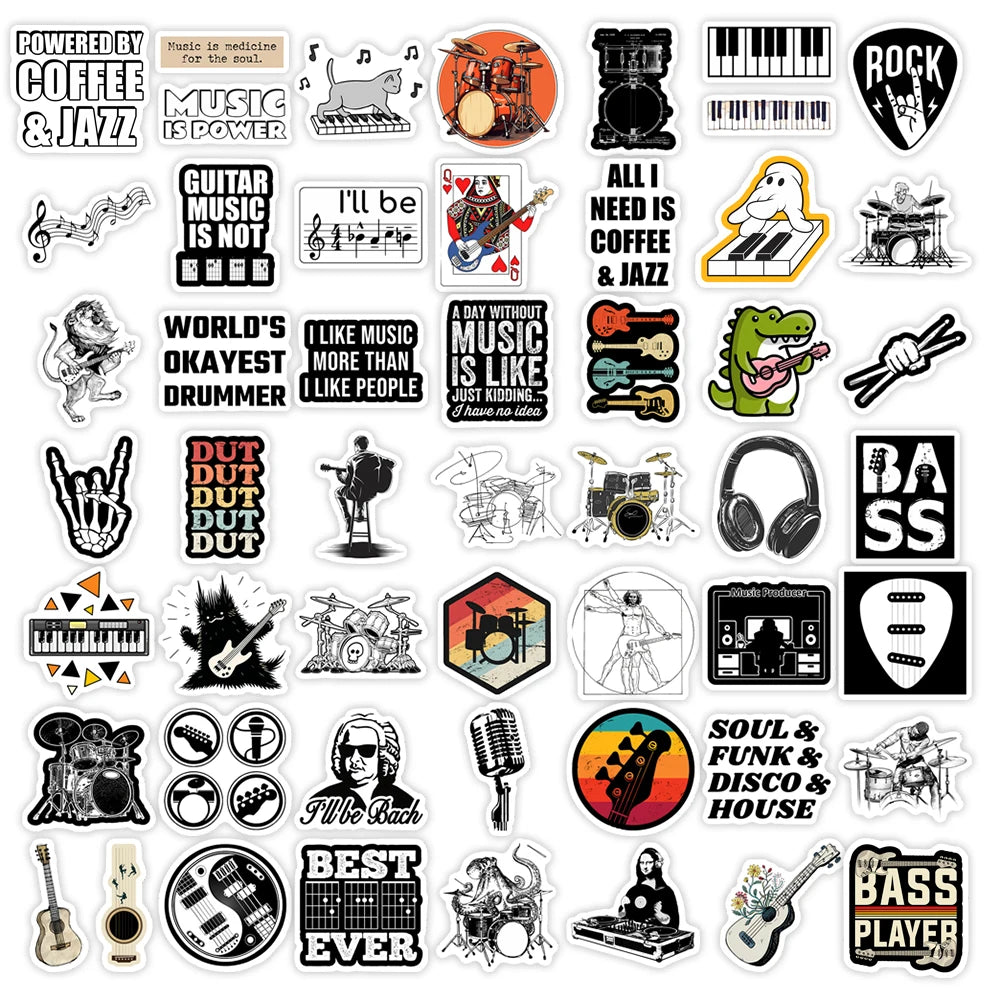 Collection of music-themed stickers on a white background