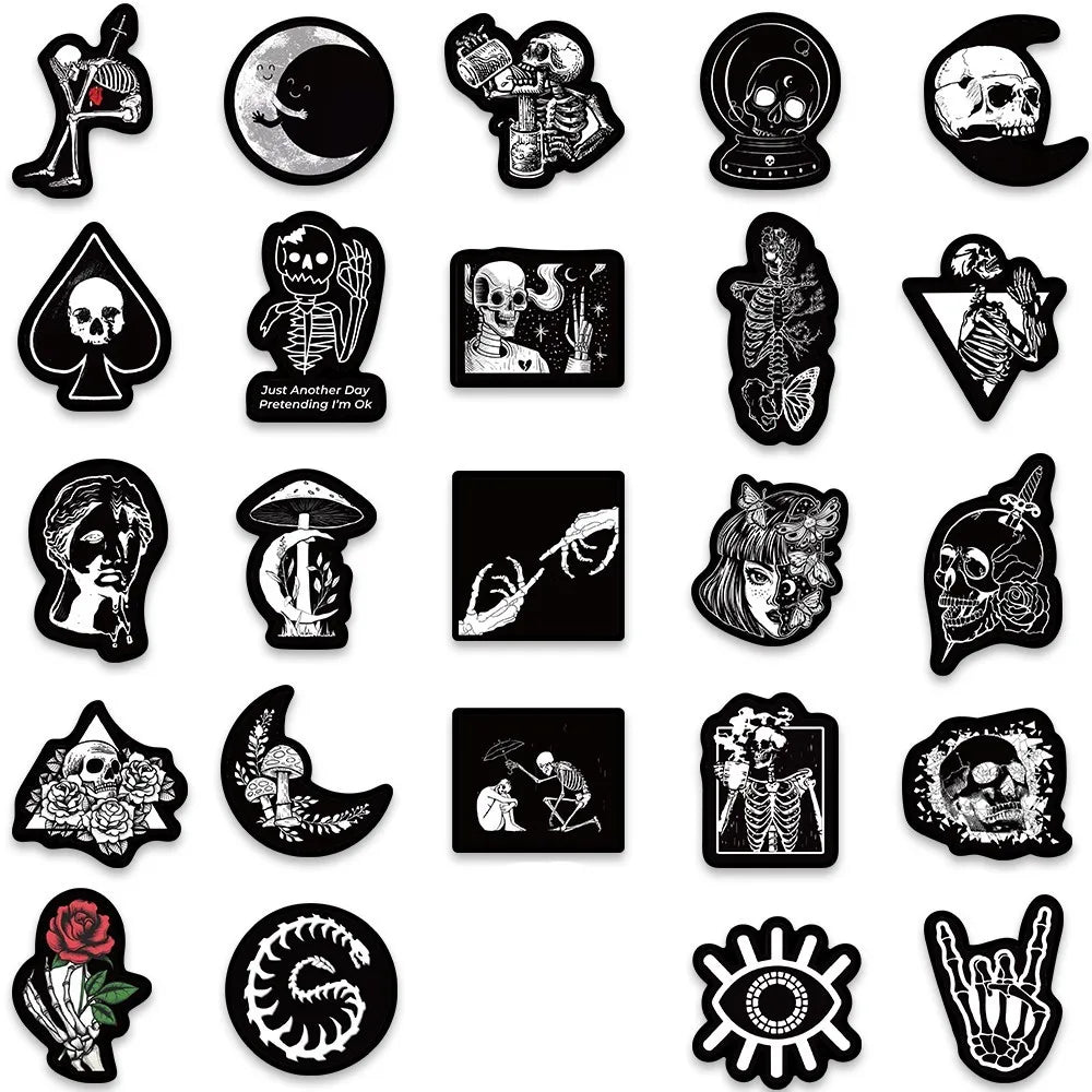 Collection of black and white stickers with various designs on a white background