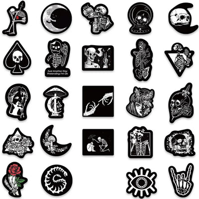 Collection of black and white stickers with various designs on a white background