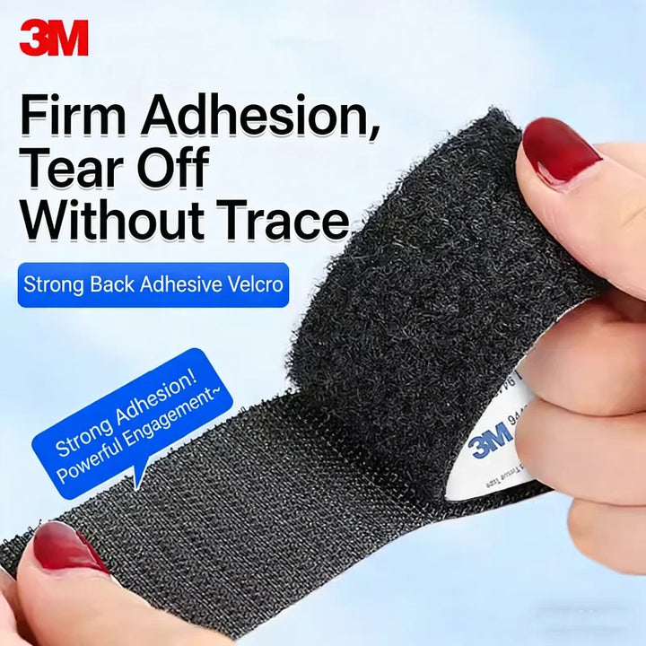 3M adhesive Velcro strip being peeled off with text highlighting features on a blue background