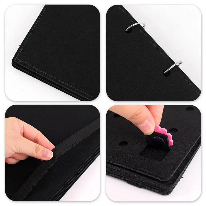 Collage of black Felt Pin &amp; Patch Display Storage Book with close up to its components on a white 