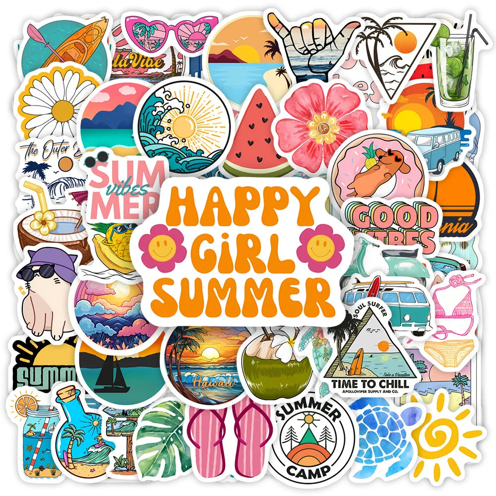 Collection of colorful summer-themed stickers on a white background