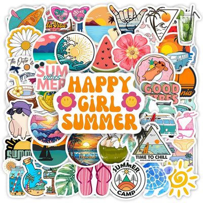Collection of colorful summer-themed stickers on a white background