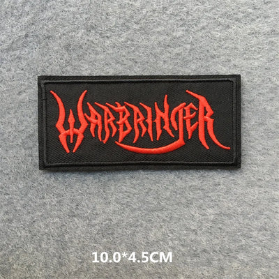 Black patch with red 'Warbringer' text on a gray background