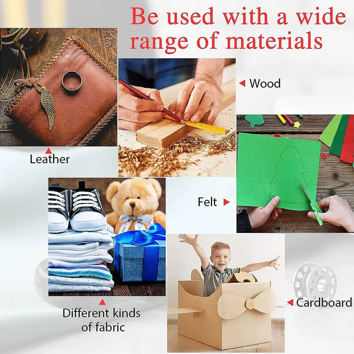 Collage of materials including leather, wood, felt, fabric, and cardboard with text indicating their use.