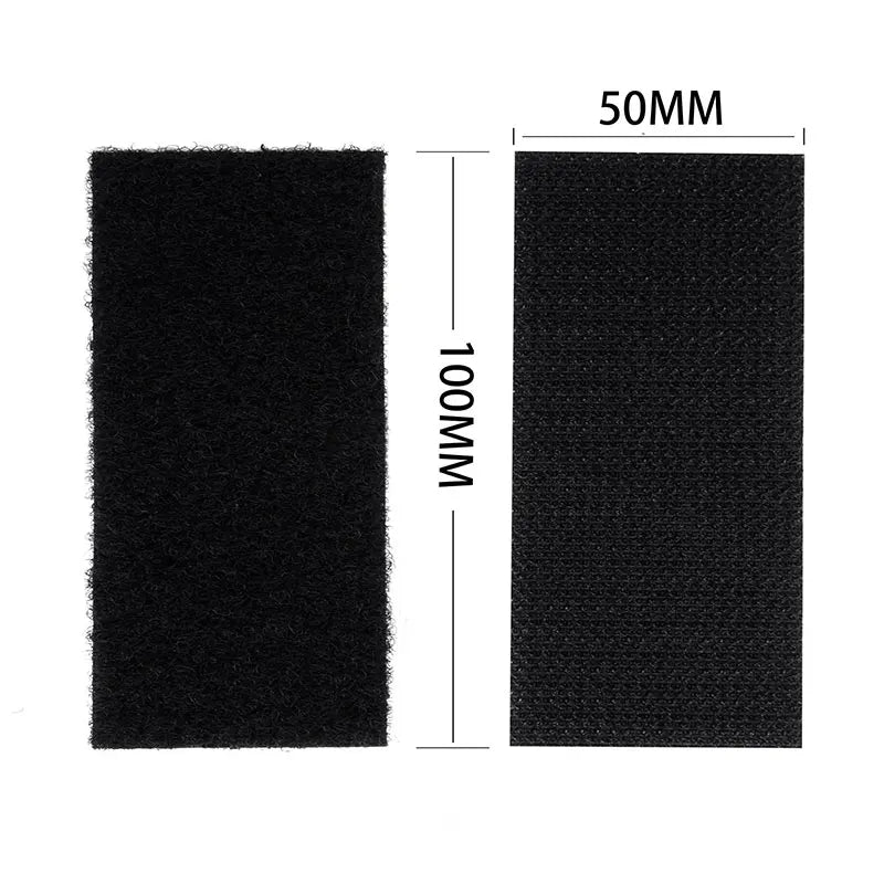 Two black rectangular hook and loop patches with measurements on a white background
