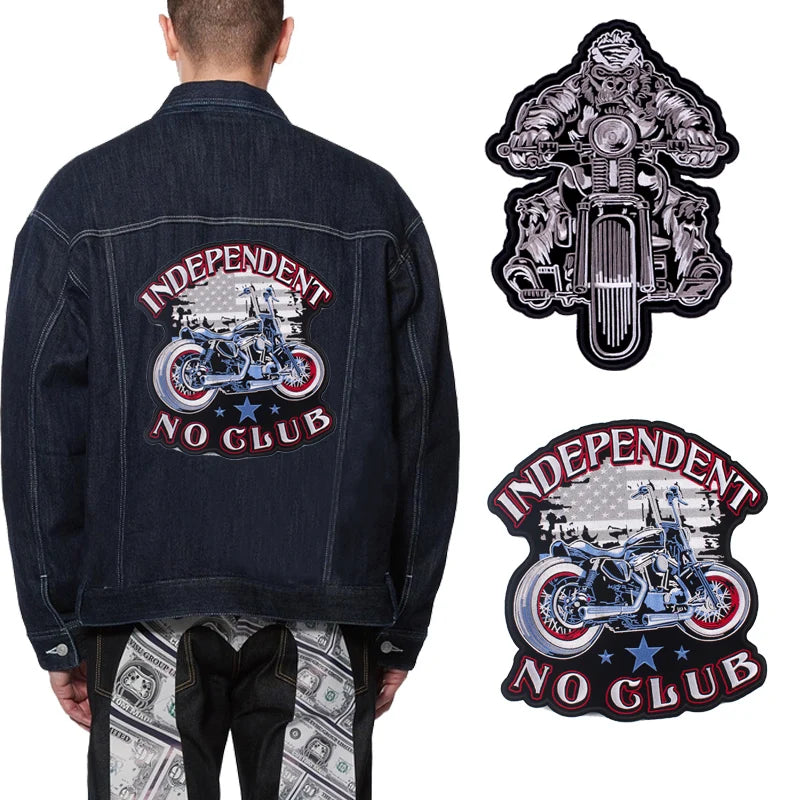 Denim jacket with 'Independent No Club' motorcycle design, accompanied by matching patches.