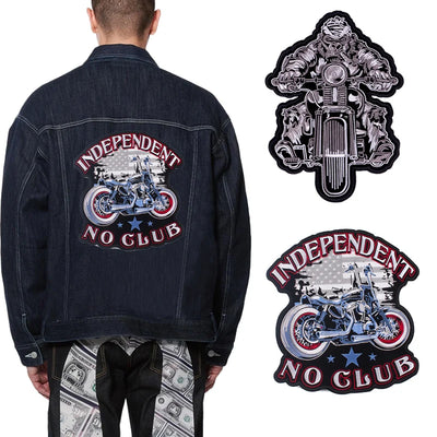 Denim jacket with 'Independent No Club' motorcycle design, accompanied by matching patches.