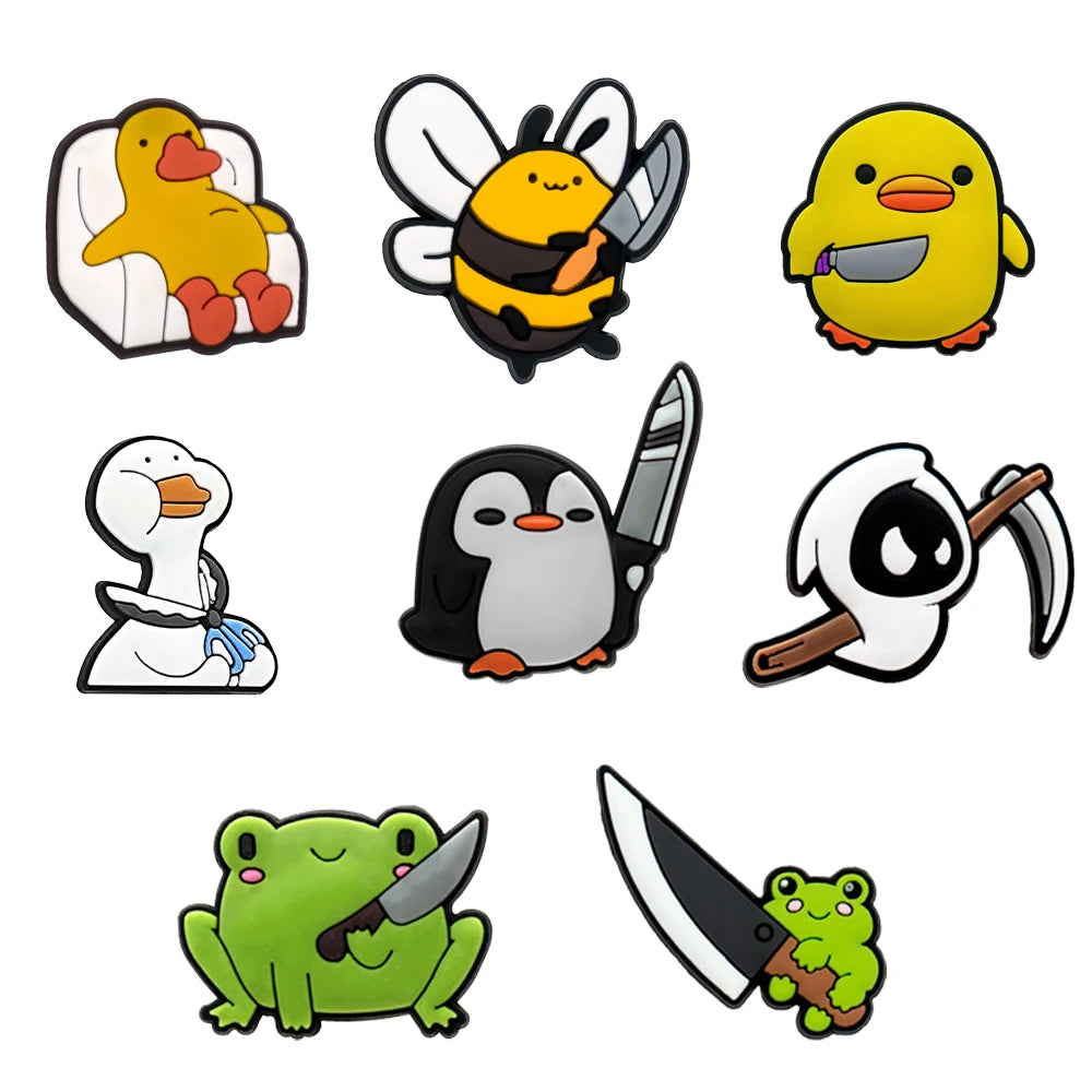 Set of cartoon animal figurines shoe charms with weapons on a white background