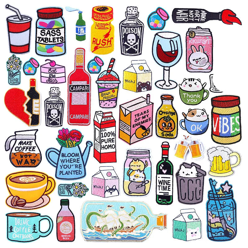 🍼 Drink Bottle & Cup Patch — Cartoon Iron-On Embroidery