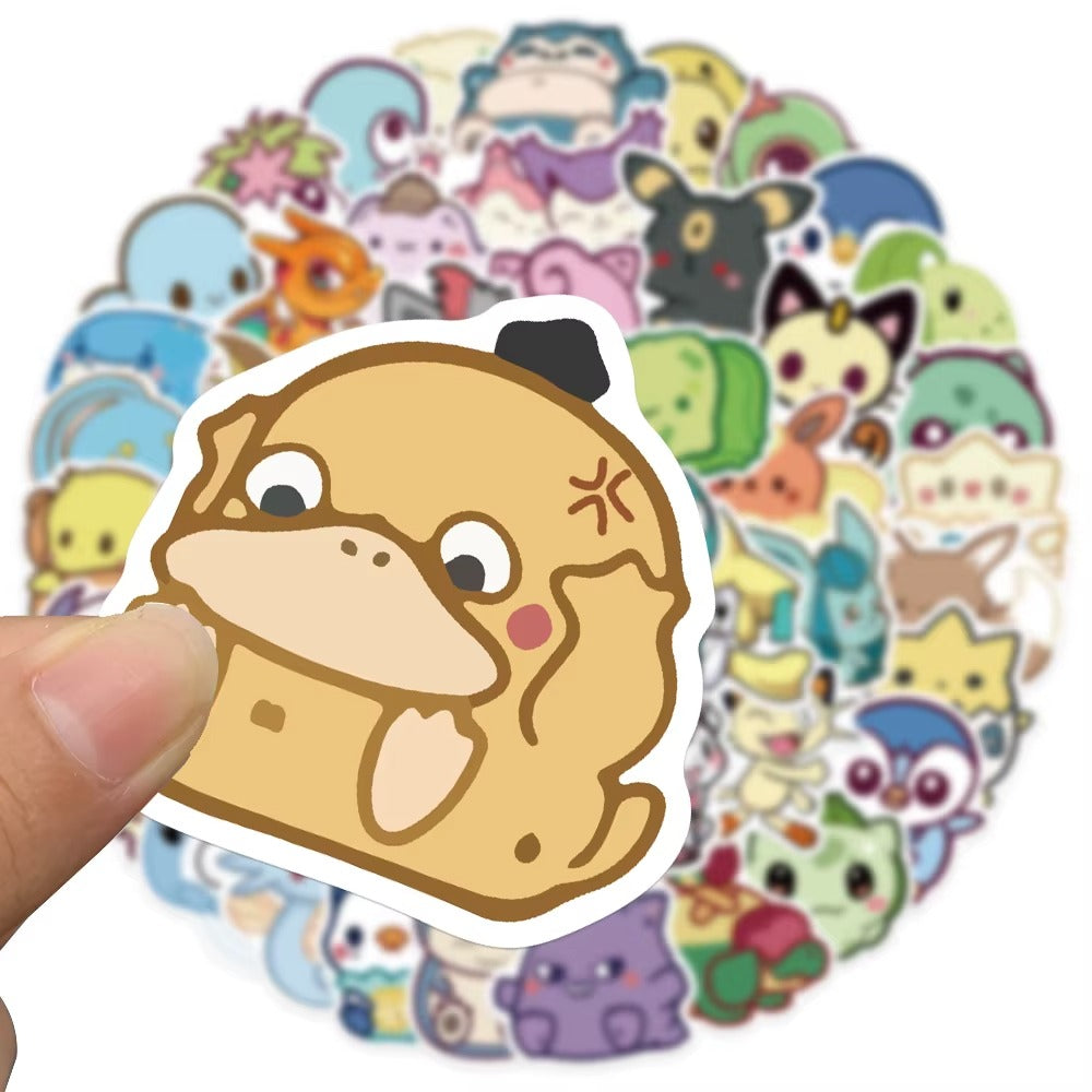 Cartoon character sticker held in front of a collection of colorful cartoon stickers.