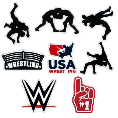 Set of wrestling-themed shoe charms with silhouettes and logos on a white background