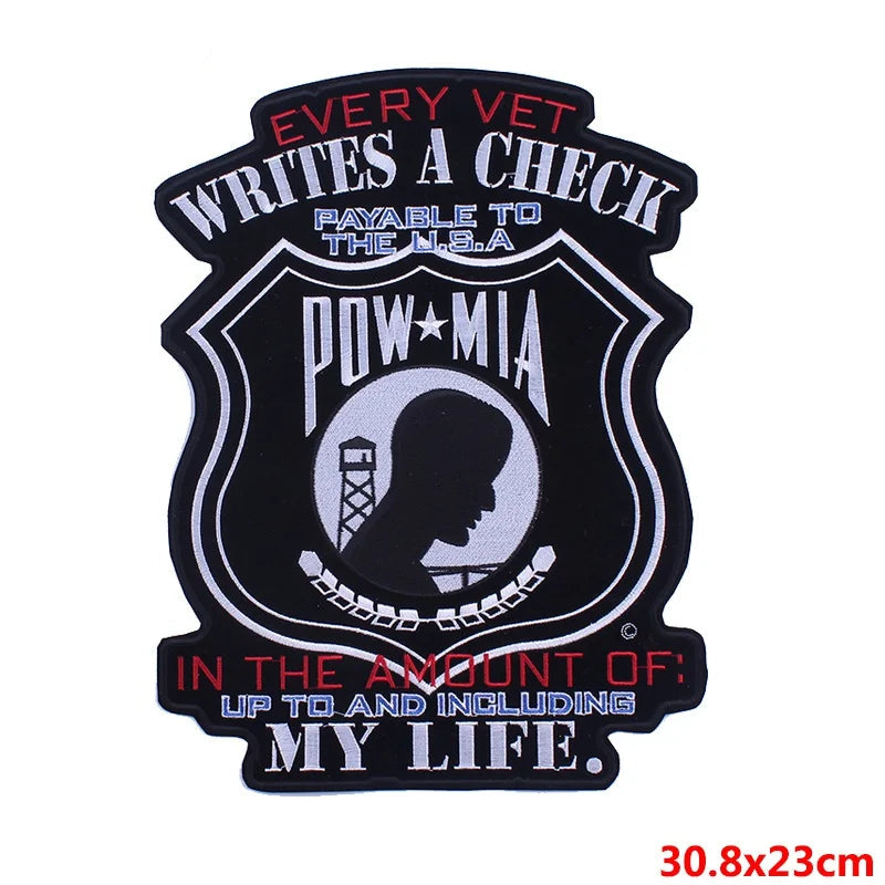 Patch with POW/MIA emblem and text on a white background