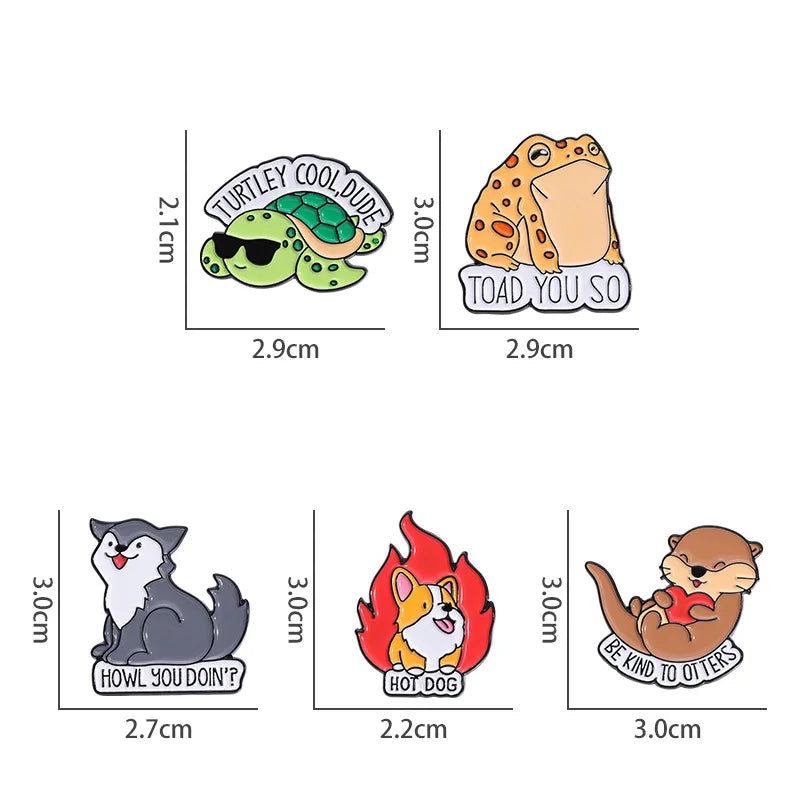 Set of cartoon animal pins with measurements on a white background